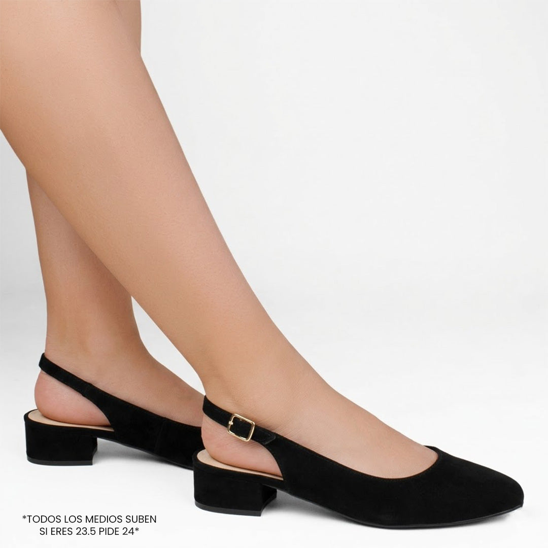 Zapatillas negras clásicas de tacón bajo 4cm, pulsera ajustable al tobillo con punta fina para dama 