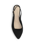 Vista superior de zapatilla negra con tacón bajo 4cm punta fina y pulsera ajustable para dama 
