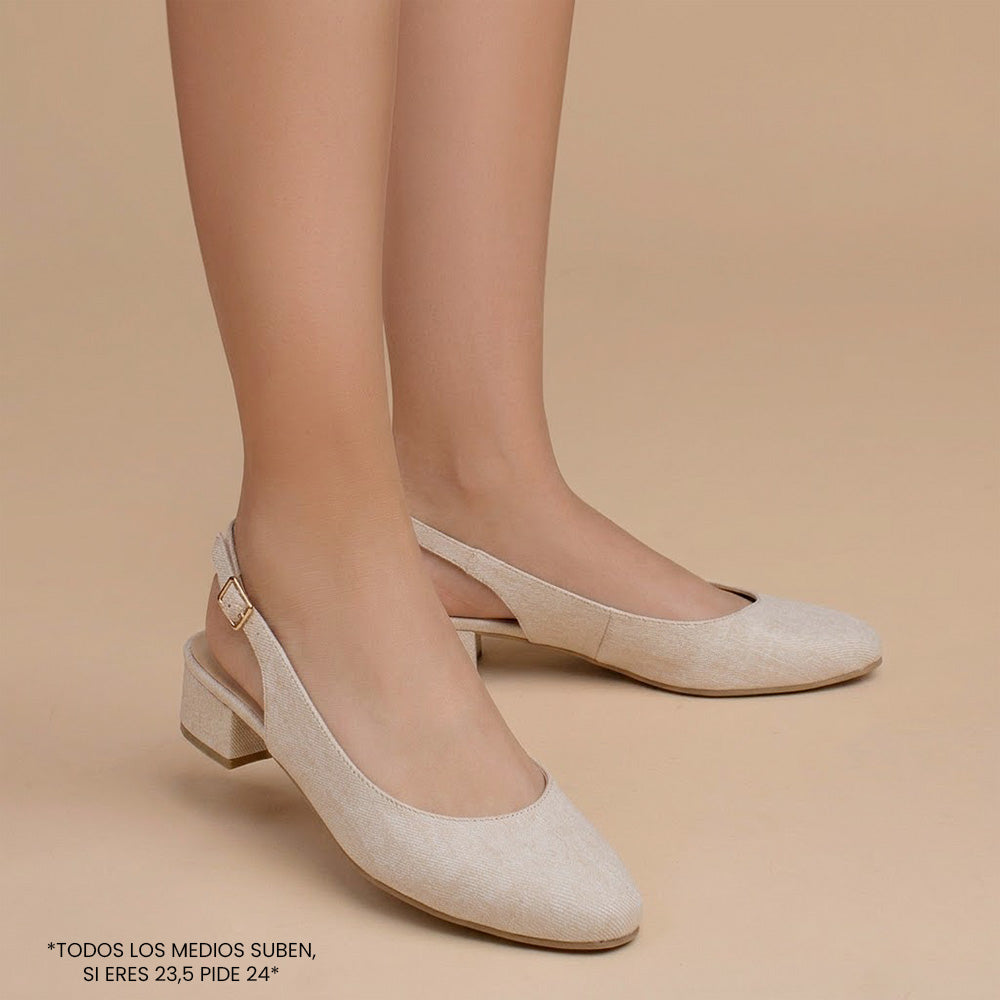 Zapatillas beige clásicas de tacón bajo 4cm, pulsera ajustable al tobillo con punta fina para dama 