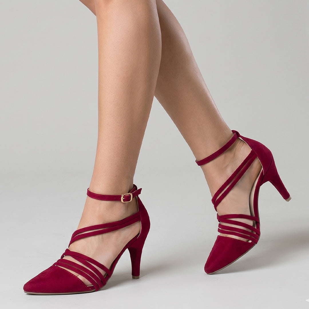 Zapatillas rojas con punta fina, tiras en el empeine, pulsera ajustable y tacón medio 9 cm para dama