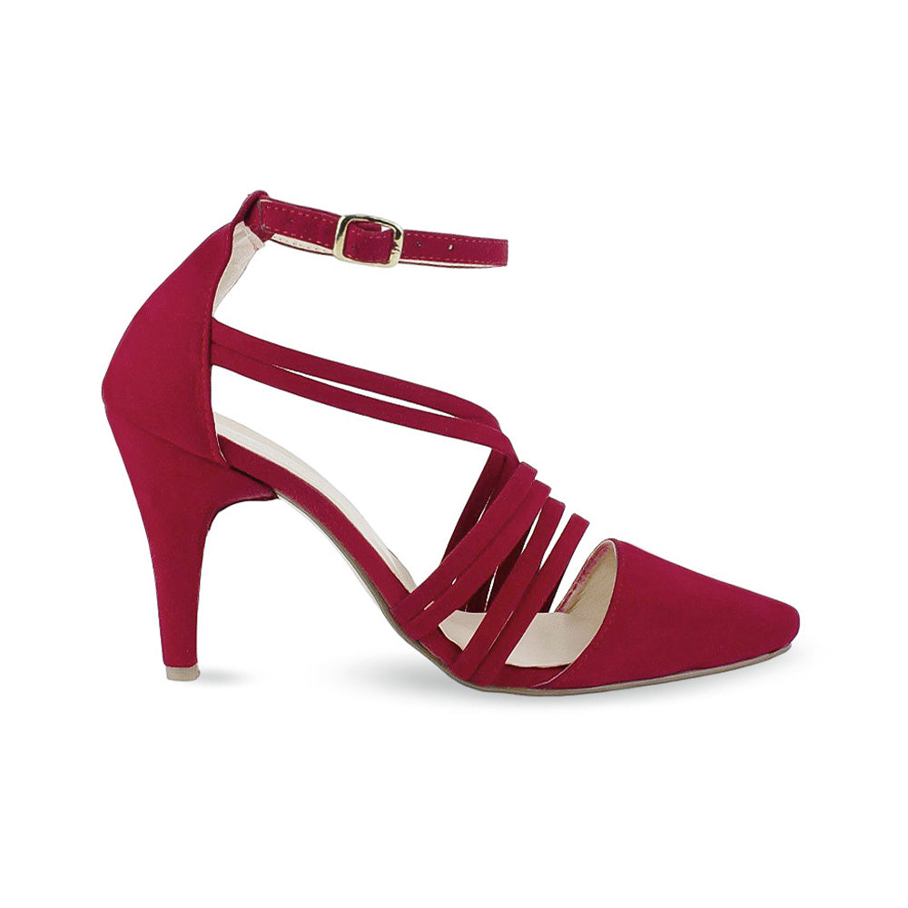Vista lateral de la zapatilla roja para dama con tiras en el empeine pulsera ajustable y tacón medio 9 cm 