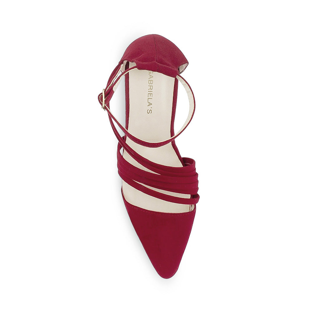 Vista superior de la zapatilla roja con punta fina, tiras en el empeine pulsera ajustable al tobillo y tacón medio 9 cm para dama 