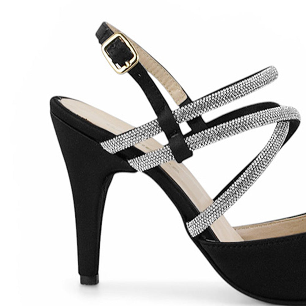 Vista trasera de tacón delgado de 9cm en zapatilla negra para mujer tipo stiletto con correa de pedrería brillosa