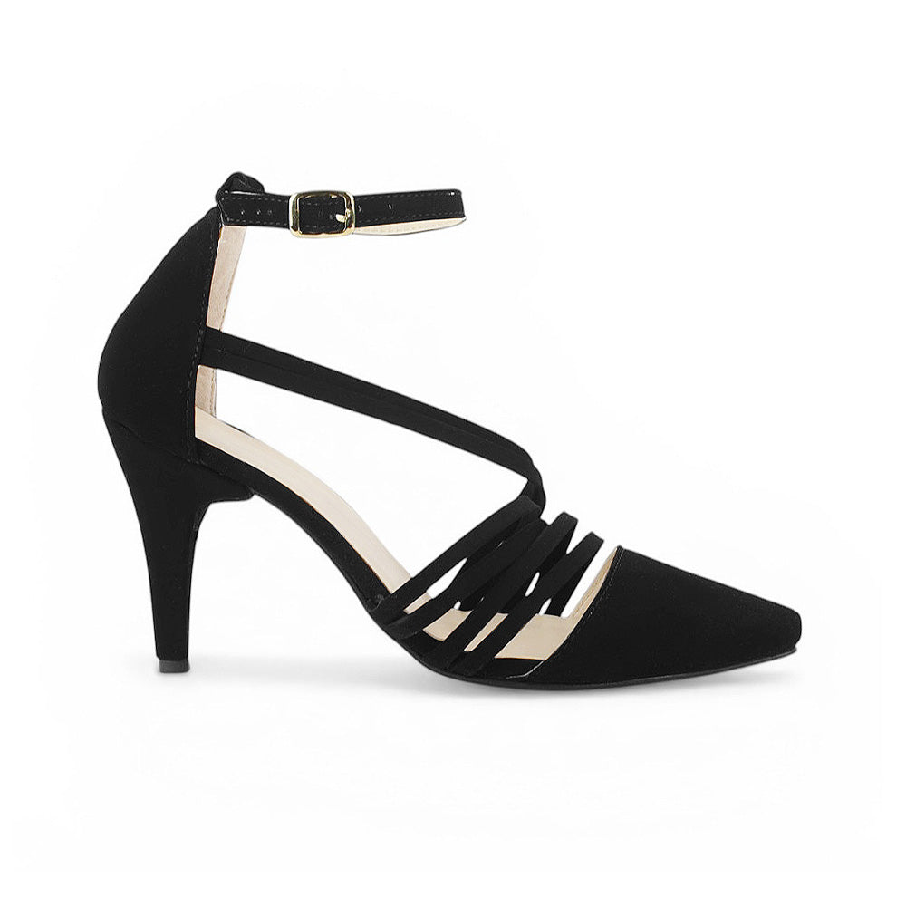 Vista lateral de la zapatilla negra para dama con tiras en el empeine pulsera ajustable y tacón medio 9 cm 