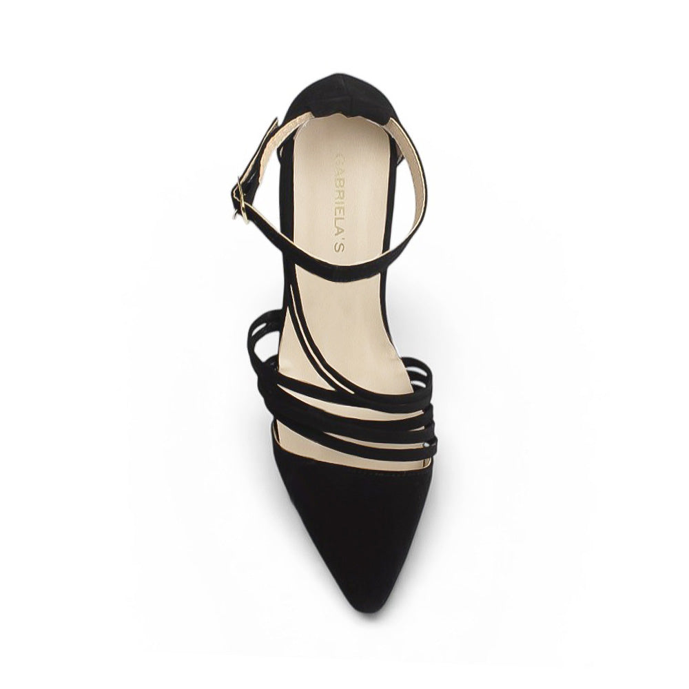 Vista superior de la zapatilla negra con punta fina, tiras en el empeine pulsera ajustable al tobillo y tacón medio 9 cm para dama 
