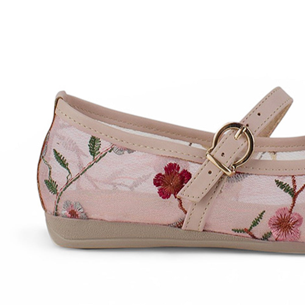 Vista trasera en flats tipo balerinas de piso nude transparentes con bordado floral para dama 