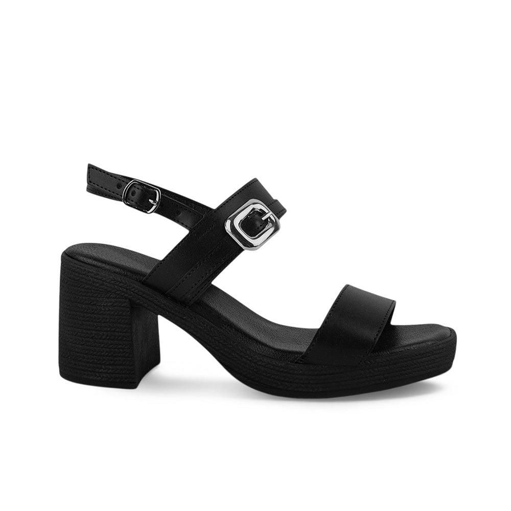 Vista lateral de zapatilla negra para mujer de doble banda y hebilla de adorno con tacón grueso de 8cm de diseño descubierto
