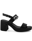 Vista lateral de zapatilla negra para mujer de doble banda y hebilla de adorno con tacón grueso de 8cm de diseño descubierto