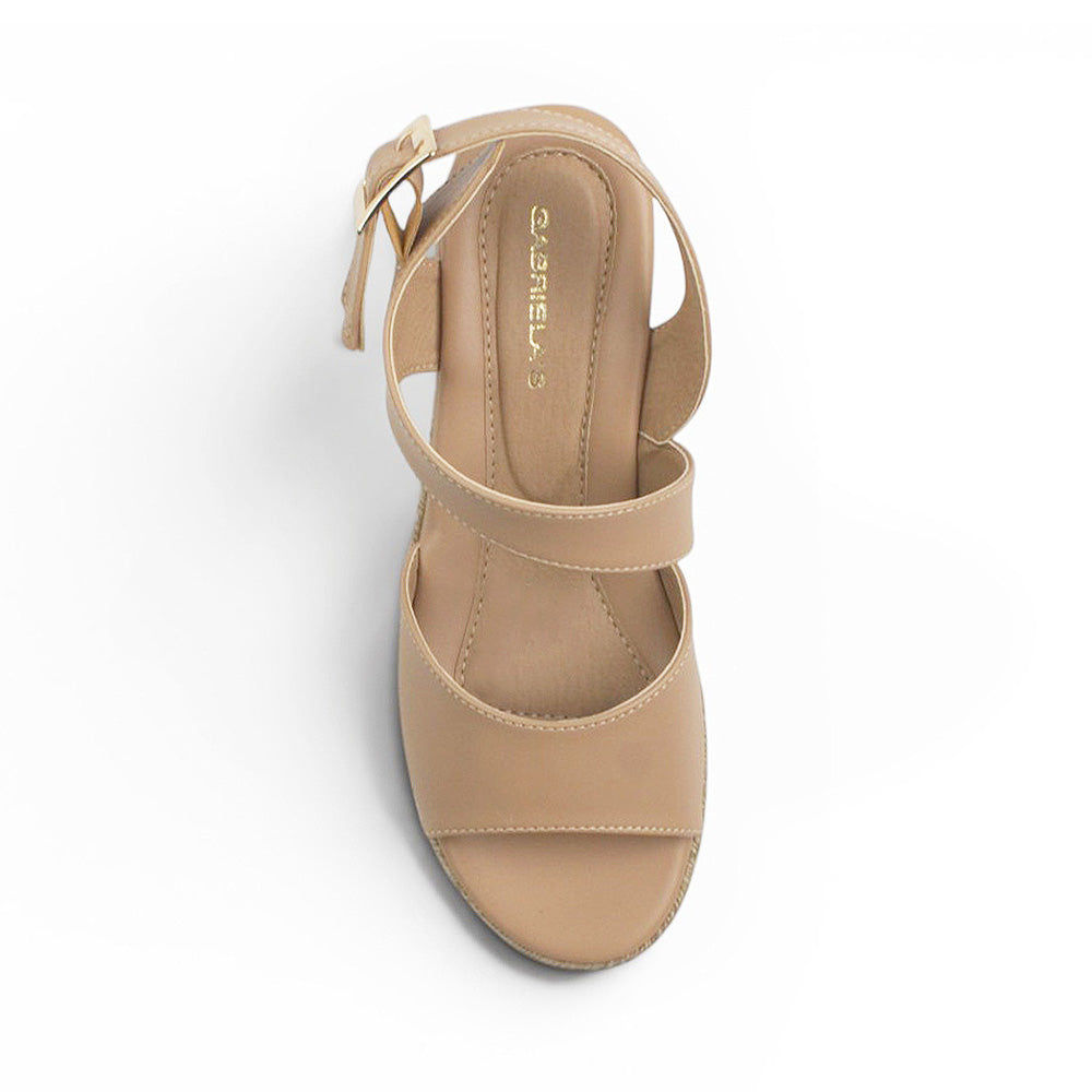 vista superior de sandalias nude punta abierta y correa ajustable con plataforma baja 6cm