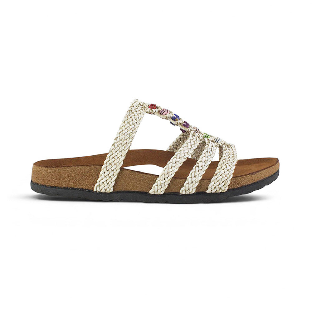 vista lateral de sandalias beige con tiras trenzadas y detalles multicolor de piso para dama 