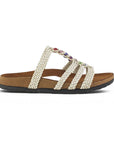 vista lateral de sandalias beige con tiras trenzadas y detalles multicolor de piso para dama 