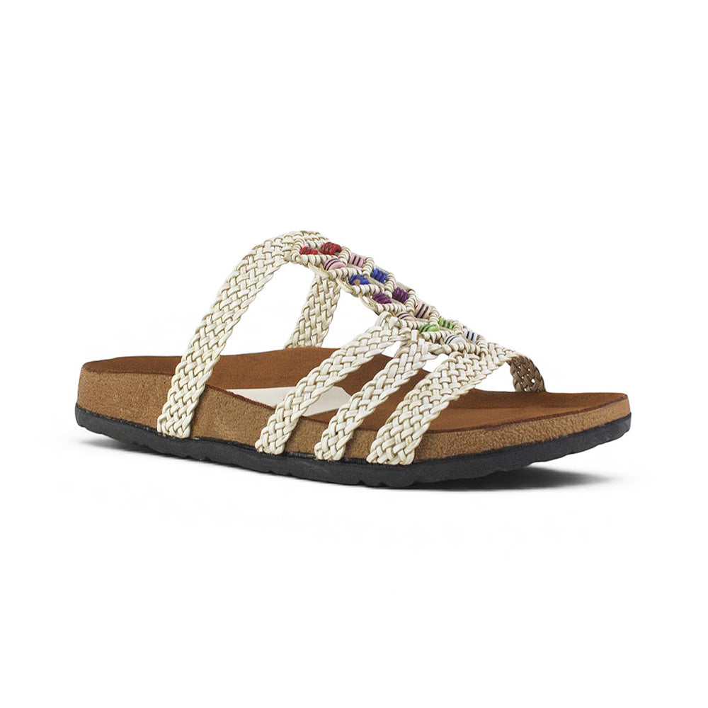 vista diagonal de sandalias con detalles multicolor y tiras trenzadas beige de piso para dama