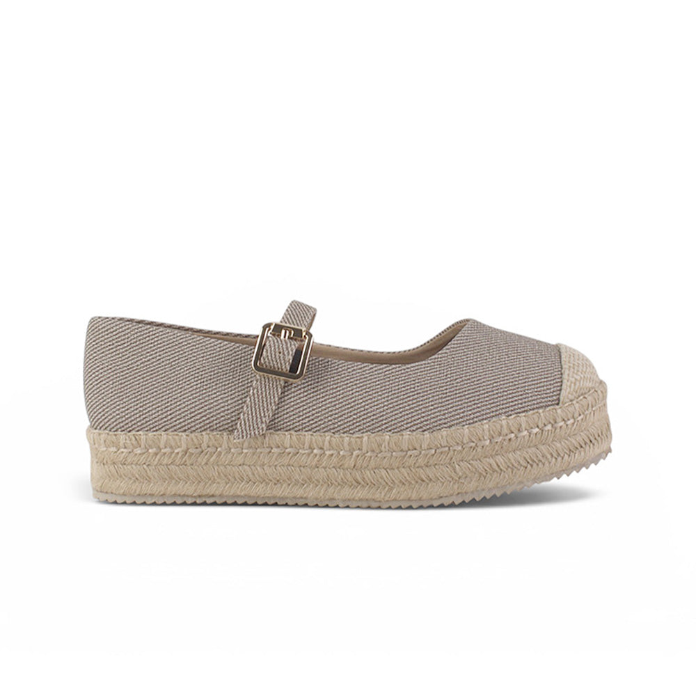 vista lateral de las alpargatas beige de dama con pulsera ajustable y plataforma baja de yute 3 cm 