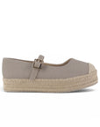 vista lateral de las alpargatas beige de dama con pulsera ajustable y plataforma baja de yute 3 cm 