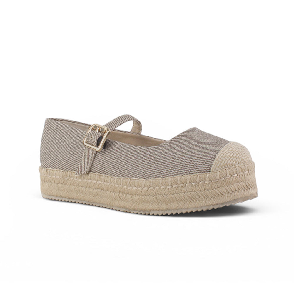 vista diagonal de alpargatas beige con pulsera ajustable y plataforma baja de yute 3 cm para dama 