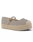 vista diagonal de alpargatas beige con pulsera ajustable y plataforma baja de yute 3 cm para dama 