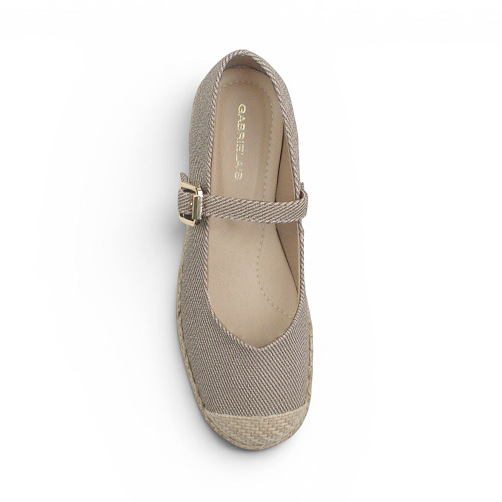 vista superior de alpargatas beige de dama con plataforma baja de yute 3 cm y pulsera ajustable 