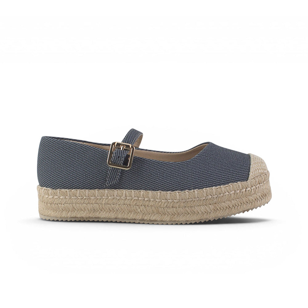 vista lateral de las alpargatas azules de dama con pulsera ajustable y plataforma baja de yute 3 cm 