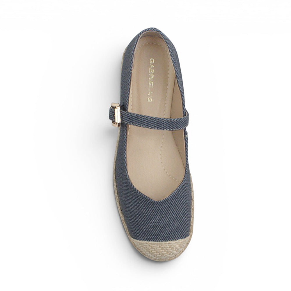 vista superior de alpargatas azules de dama con plataforma baja de yute 3 cm y pulsera ajustable 