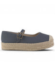 vista lateral de las alpargatas negras de dama con pulsera ajustable y plataforma baja de yute 3 cm 