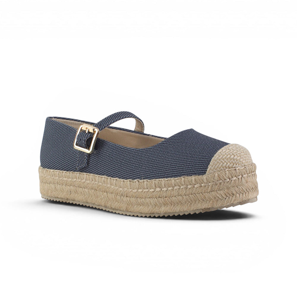 vista diagonal de alpargatas negras con pulsera ajustable y plataforma baja de yute 3 cm para dama 