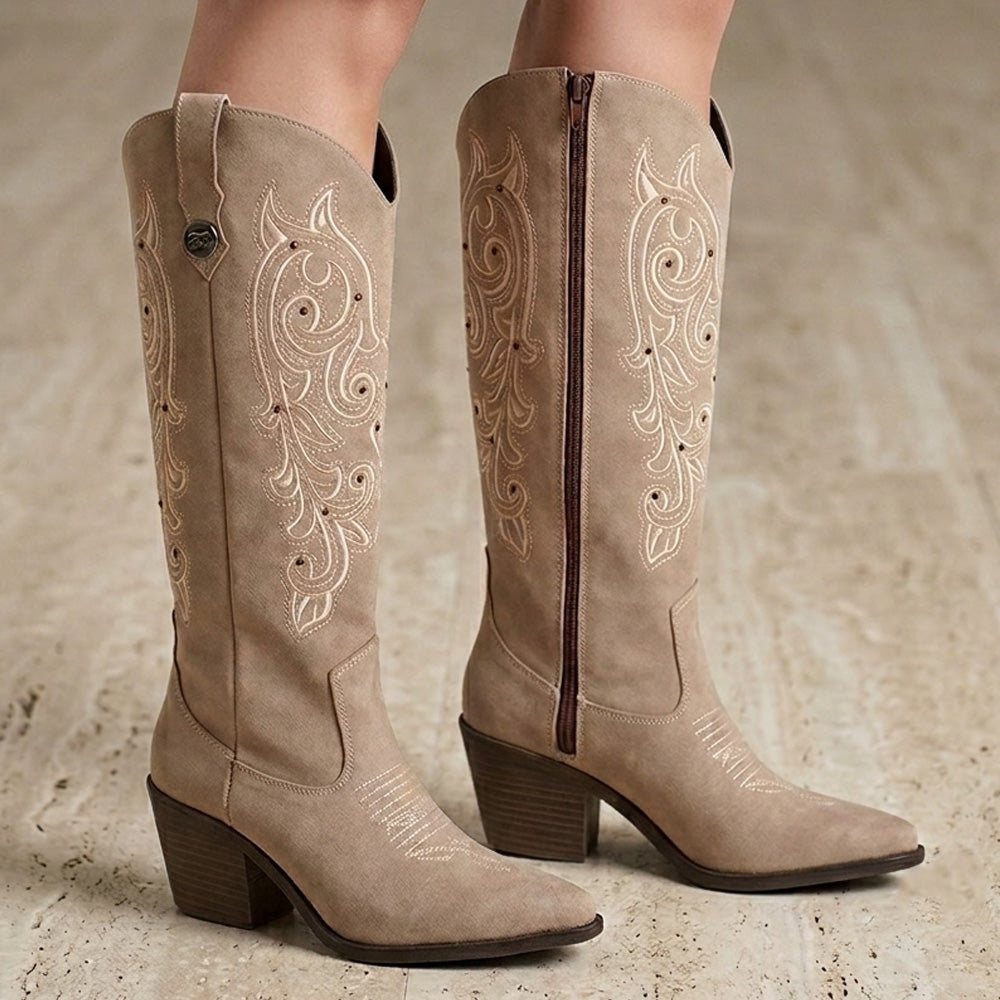 Botas vaqueras nude con elegantes bordados punta cuadrada tacón medio 7cm para dama  