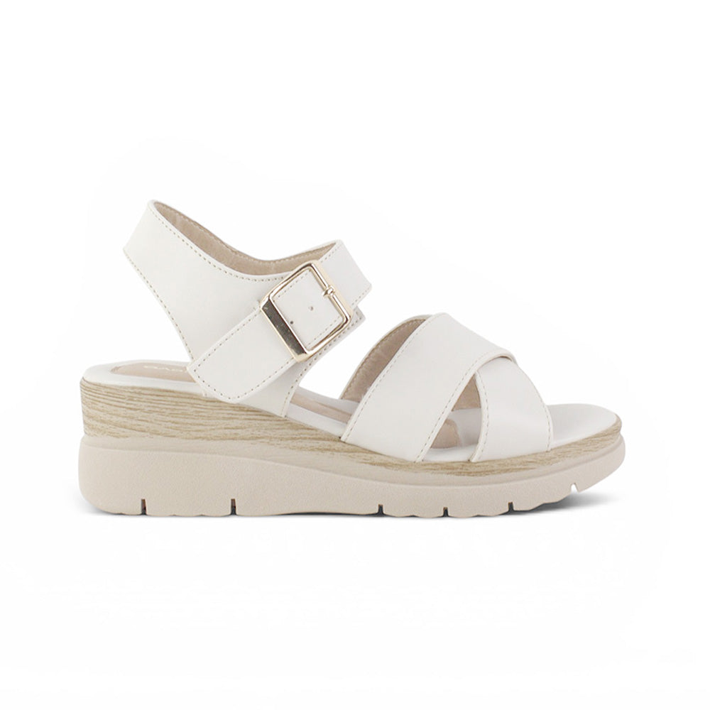 vista lateral en sandalias beige de plataforma baja 5cm con tiras cruzadas correa ajustable y punta abierta para dama 