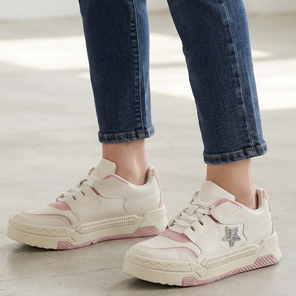 Tenis beige con rosa para dama con estrella de pedrería y plataforma baja 4cm 
