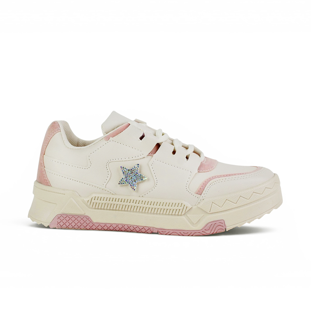Vista lateral de tenis beige con rosa plataforma baja 4cm y estrella de pedrería 