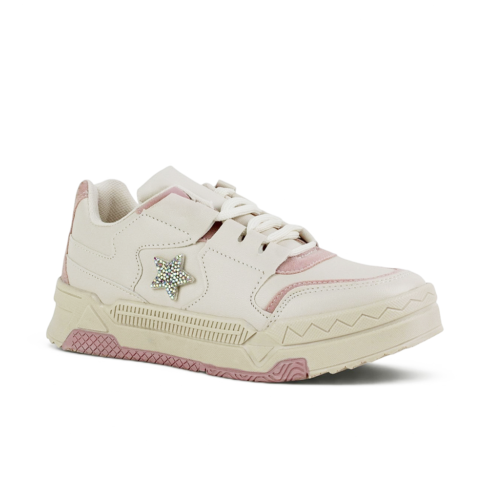 Vista diagonal de tenis beige con rosa modernos con estrella de pedrería y plataforma baja 4 cm para dama 