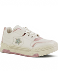 Vista diagonal de tenis beige con rosa modernos con estrella de pedrería y plataforma baja 4 cm para dama 