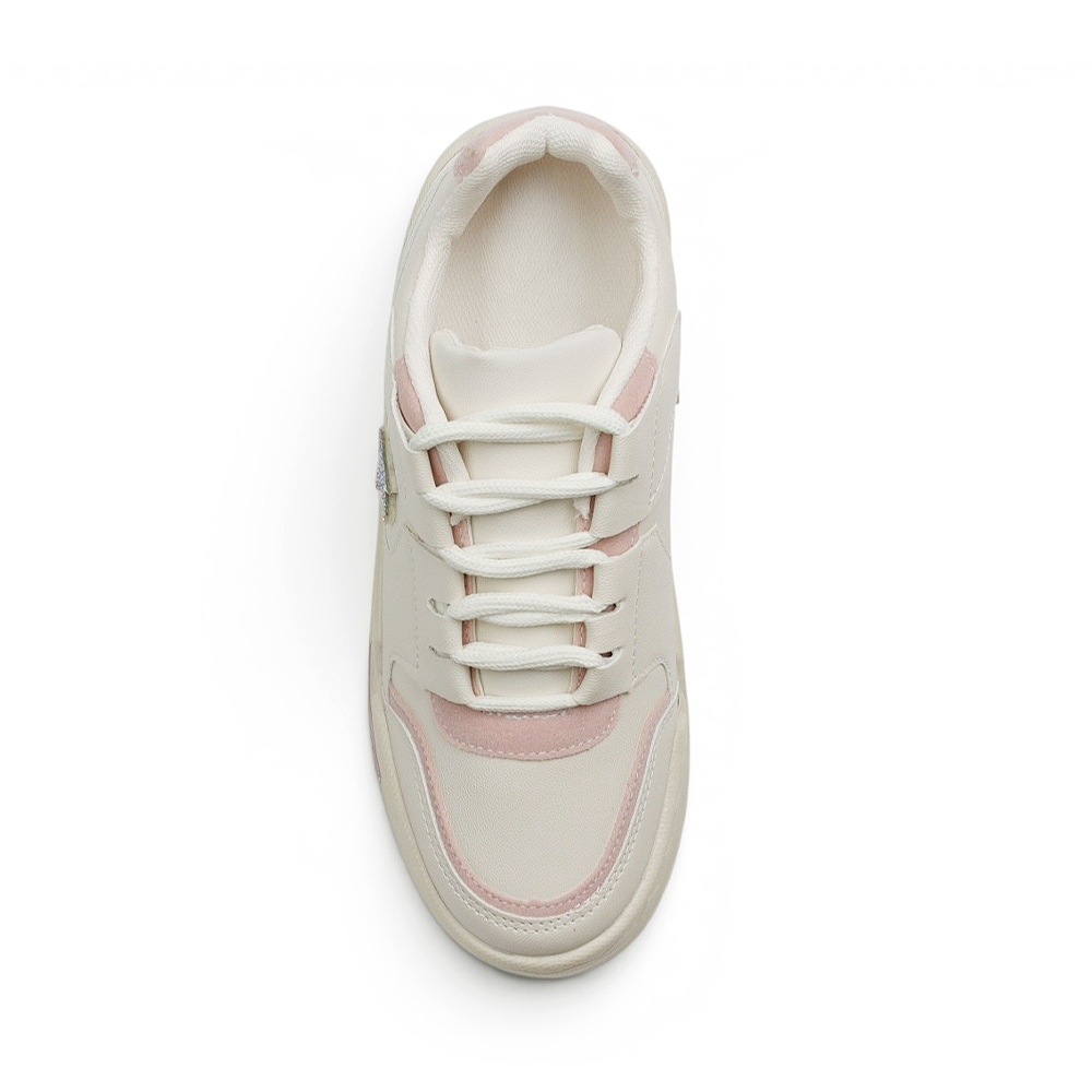 Vista superior de tenis beige con rosa para dama con plataforma baja 4 cm y estrella de pedrería 