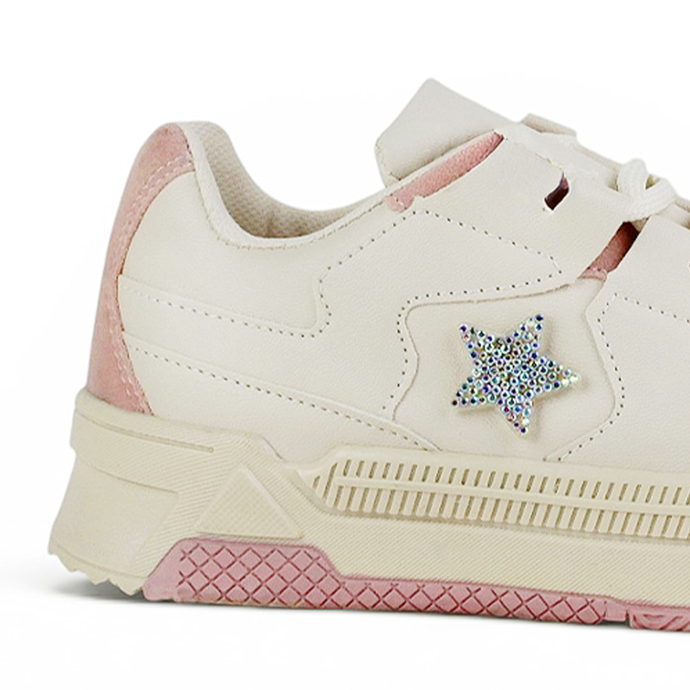 Vista trasera de tenis beige con rosa para mujer en plataforma de 4cm y estrella de pedrería 