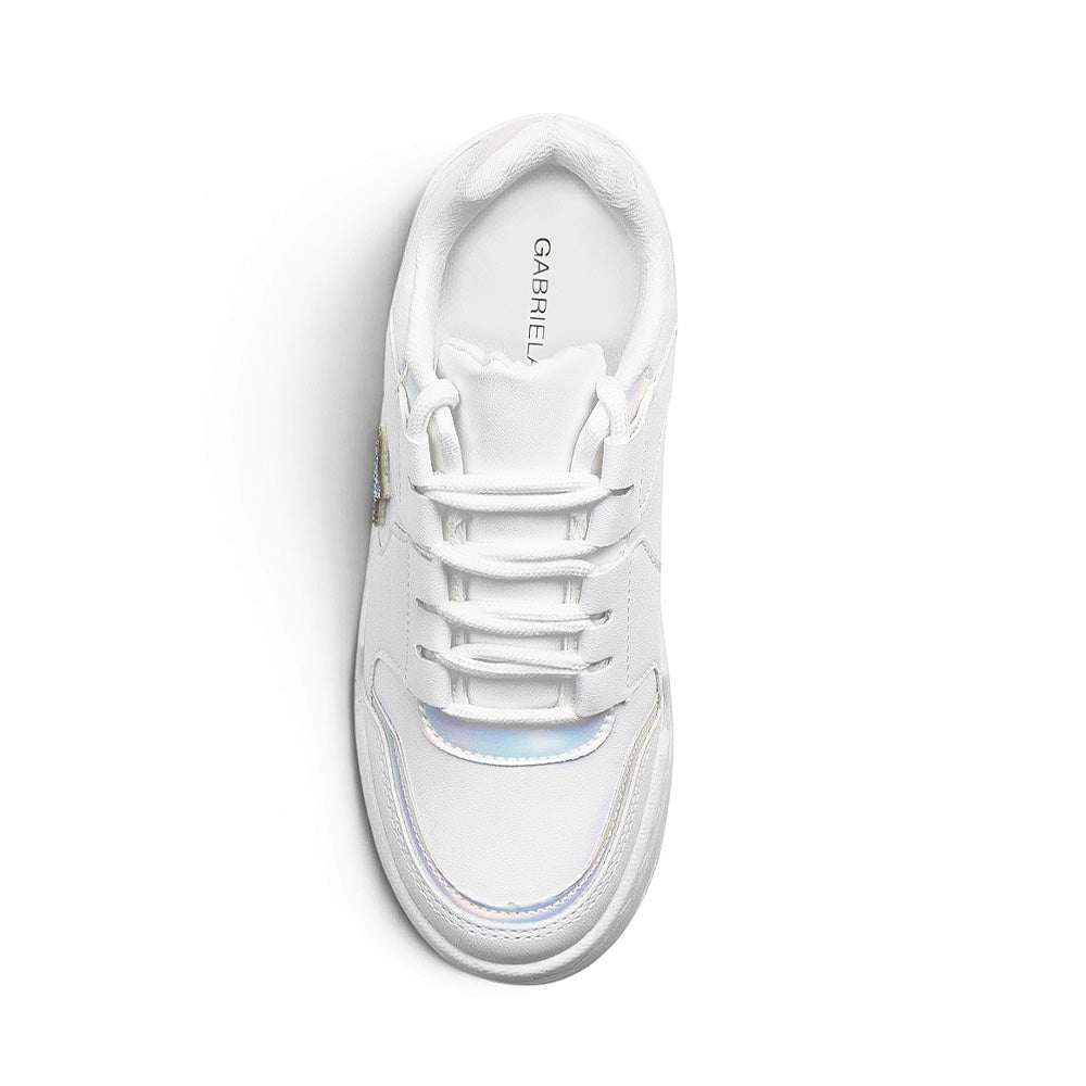 Vista superior de tenis blanco con tornasol para dama con plataforma baja 4 cm y estrella de pedrería 