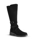 Vista diagonal de la bota negra tipo durazno con tacón bajo 4cm, tiras y herraje decorativo para dama 