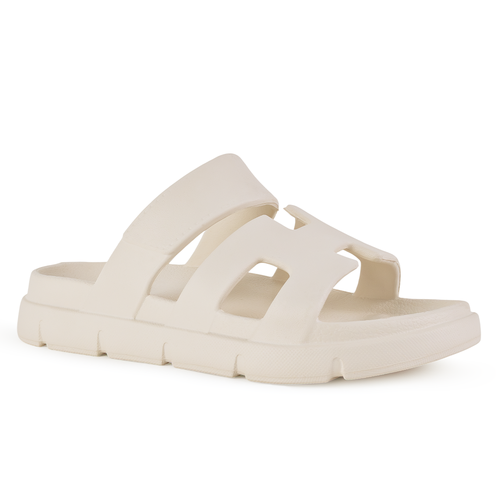 Vista diagonal de la sandalia beige para dama con punta abierta y plataforma baja 4cm 