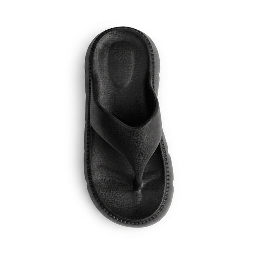 Vista superior de la sandalia negra de estilo confort con plataforma baja 5cm para dama 