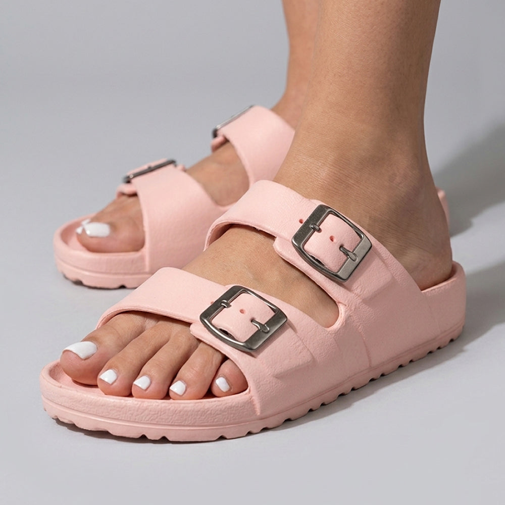 Sandalias rosa claro de piso con doble tira decorativa y punta abierta para dama 