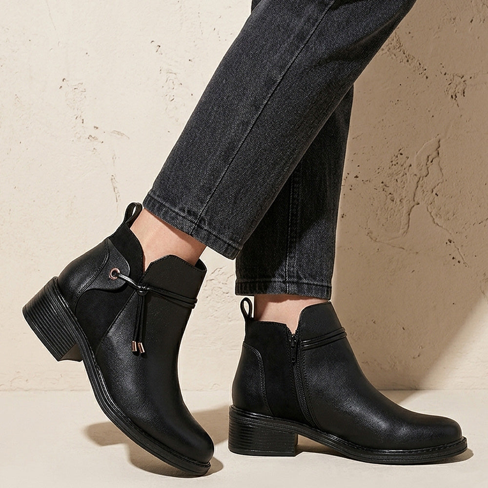 Botines negros para dama con cordones decorativos y cierre interno funcional de tacón bajo 4cm 