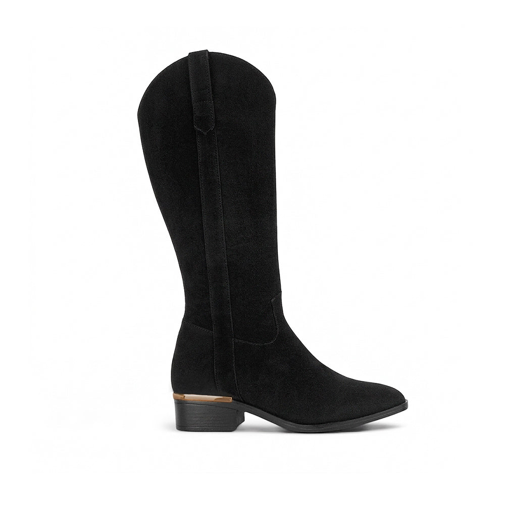 bota negra con cremallera lateral acabado durazno y detalle dorado tacón bajo 4 cm para dama 