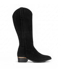 bota negra con cremallera lateral acabado durazno y detalle dorado tacón bajo 4 cm para dama 