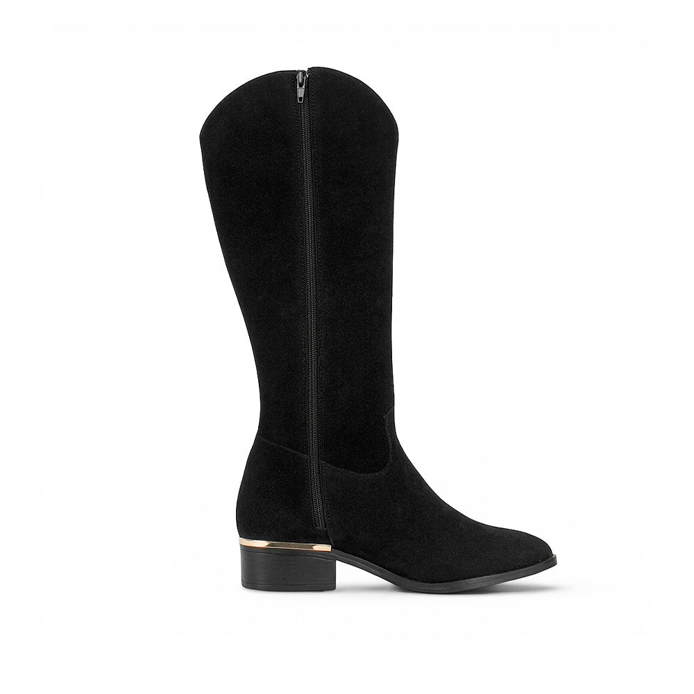 vista superior de la bota negra con cremallera y detalle dorado para dama tacón bajo 4 cm