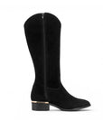 vista superior de la bota negra con cremallera y detalle dorado para dama tacón bajo 4 cm