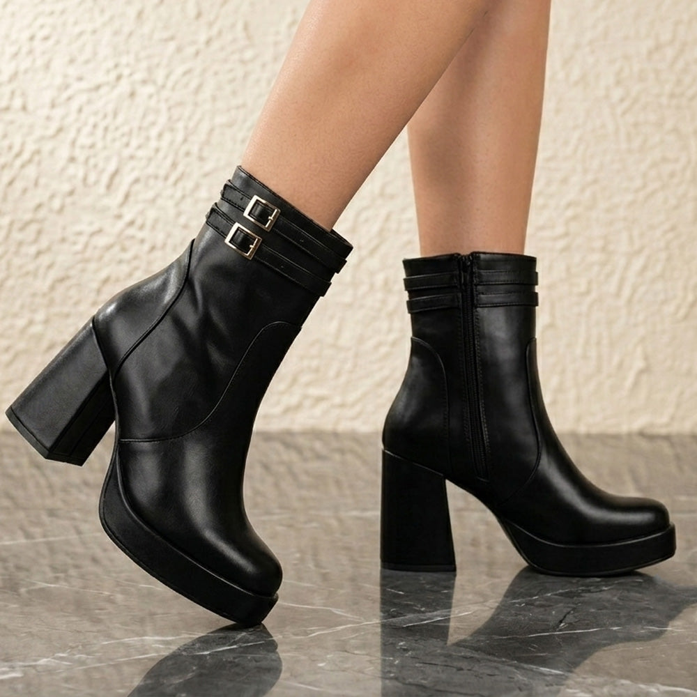 Botines negros con doble hebilla plataforma y tacón medio 9cm para dama