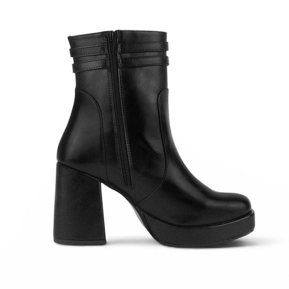 Vista superior de botín negro con cremallera, plataforma y tacón medio 9 cm para dama 