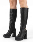 Botas negras con plataforma herraje metálico para dama y tacón medio 9 cm 