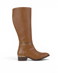 vista lateral de bota café para dama con tacón bajo 4cm y herraje metálico filos dorados 