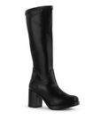 Vista diagonal en la bota negra para dama con tacón medio 8 cm de diseño clásico y cierre lateral