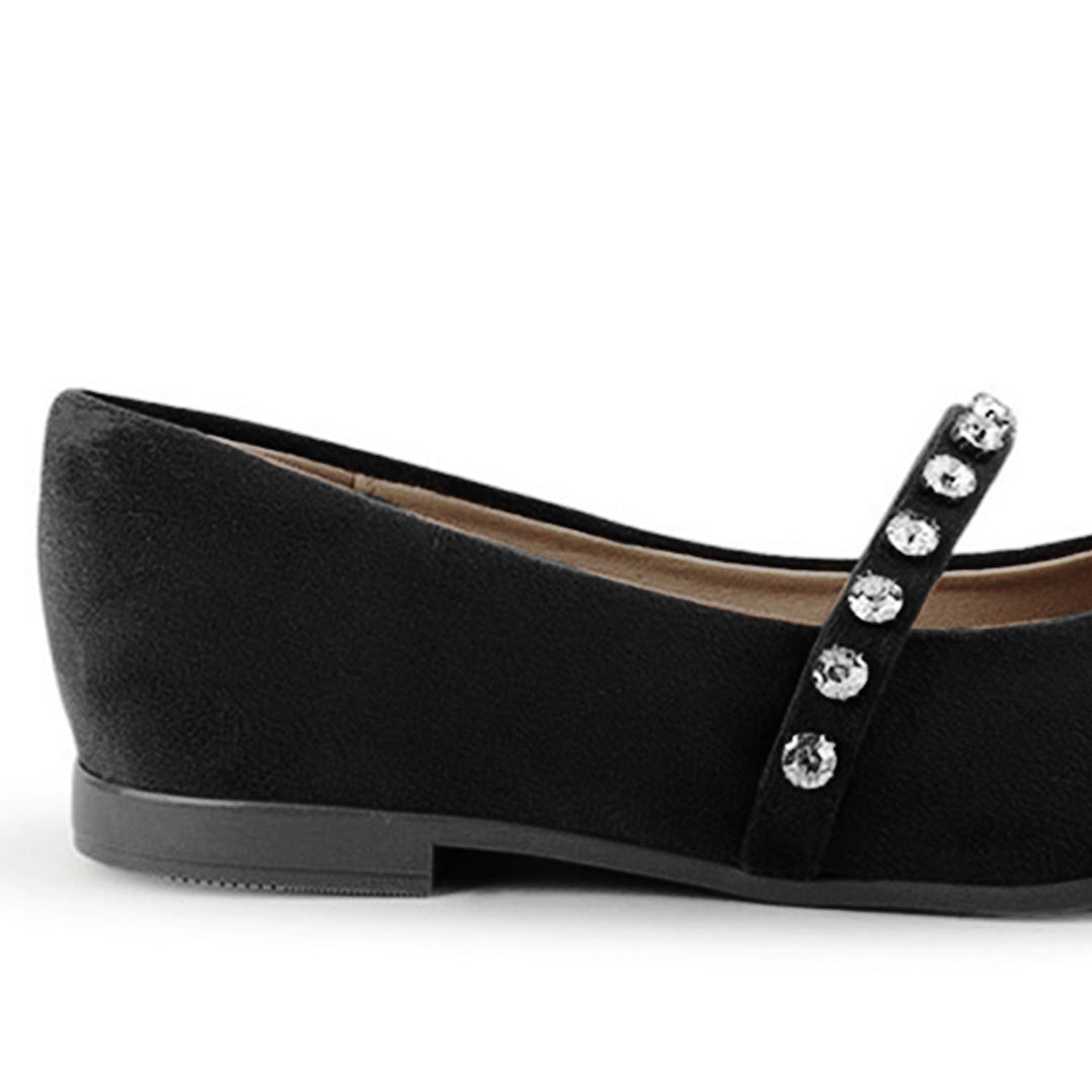 Vista trasera de flats tipo balerinas negras para mujer de piso con pedrería en pulsera delgada