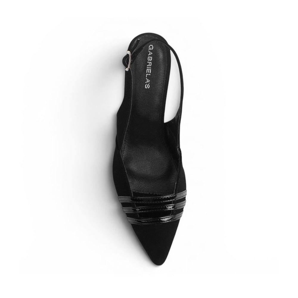Vista superior de zapatilla negra con punta fina destalonada para dama y tacón bajo 6cm